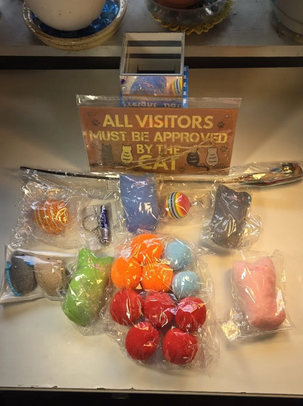 'All Visitors Must Be Approved By the Cat' Sign and Cat Toy Bundle
